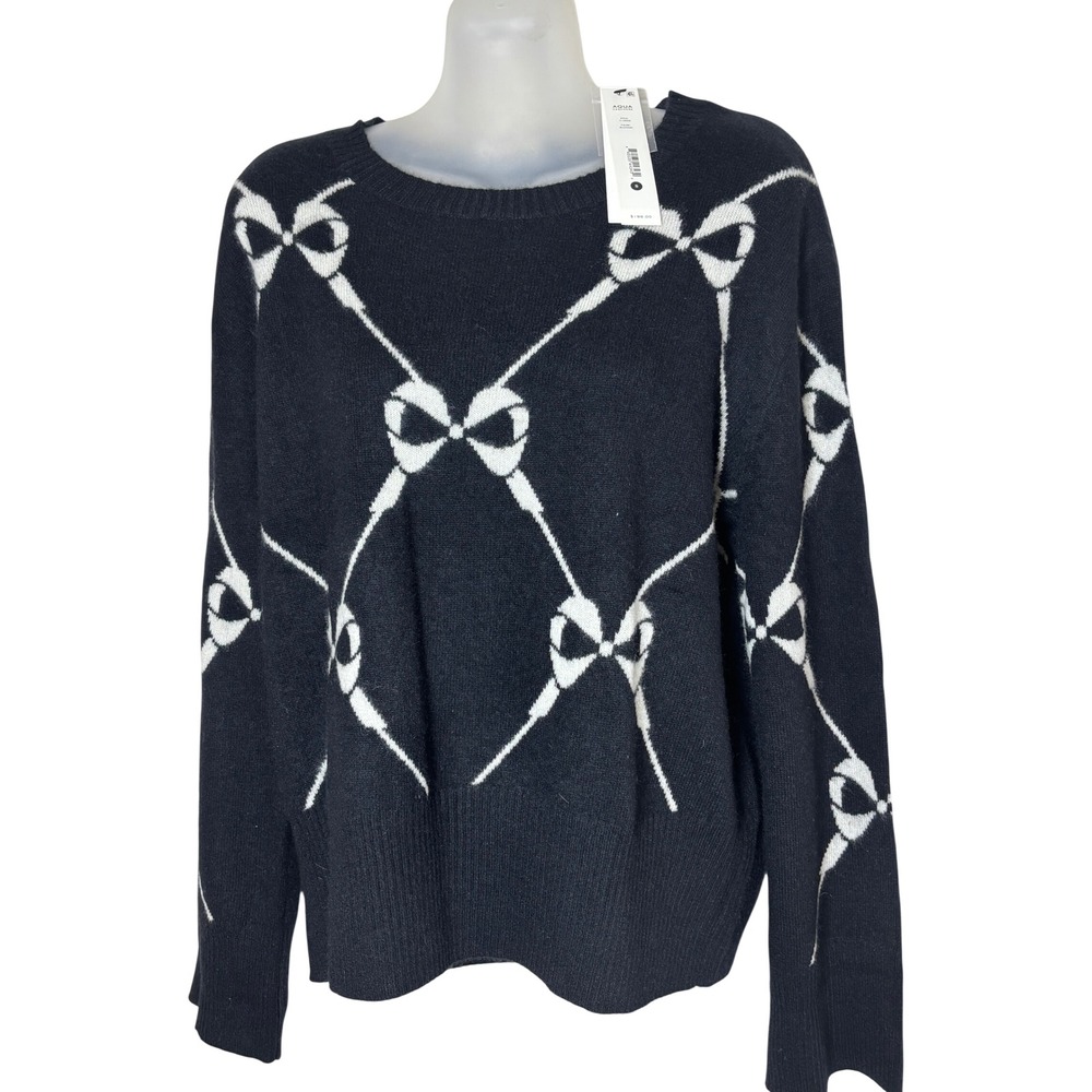 AQUA Cashmere Womens Bow Intarsia Crewneck Sweater Black White Small NWT $198